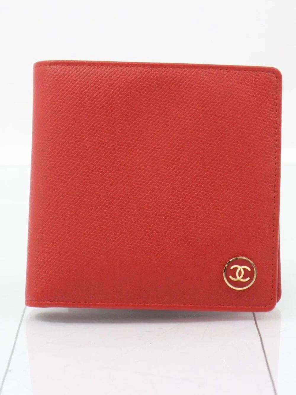 CHANEL Red Leather Bi-Fold Wallet with Gold CC Logo